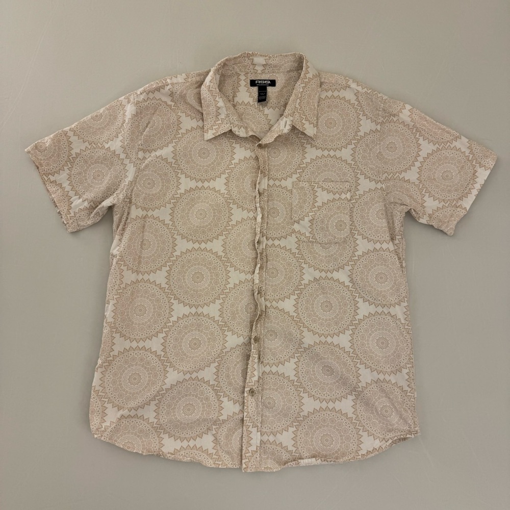 Cream White Abstract Print RSQ XXL Men’s Button Shirt 2XL Short Sleeve